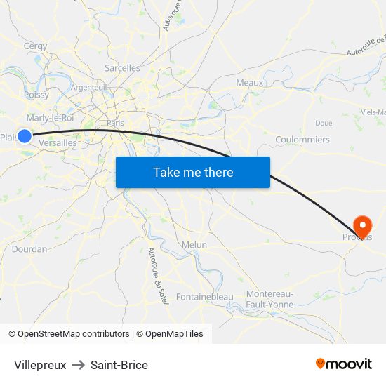 Villepreux to Saint-Brice map