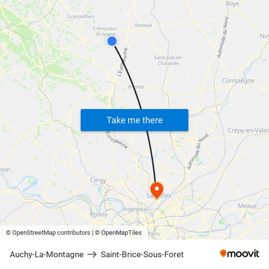 Auchy-La-Montagne to Saint-Brice-Sous-Foret map