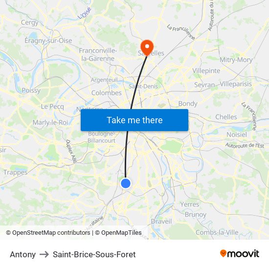Antony to Saint-Brice-Sous-Foret map