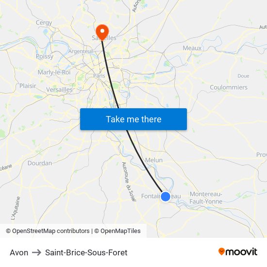 Avon to Saint-Brice-Sous-Foret map