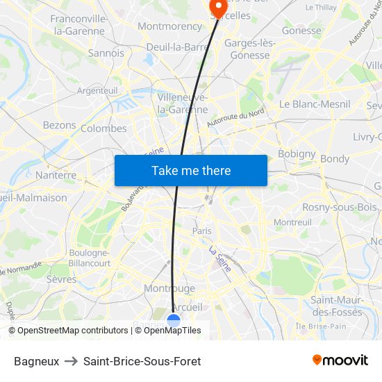 Bagneux to Saint-Brice-Sous-Foret map
