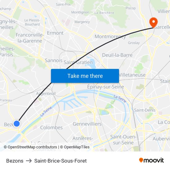 Bezons to Saint-Brice-Sous-Foret map