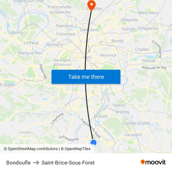 Bondoufle to Saint-Brice-Sous-Foret map