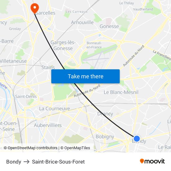 Bondy to Saint-Brice-Sous-Foret map