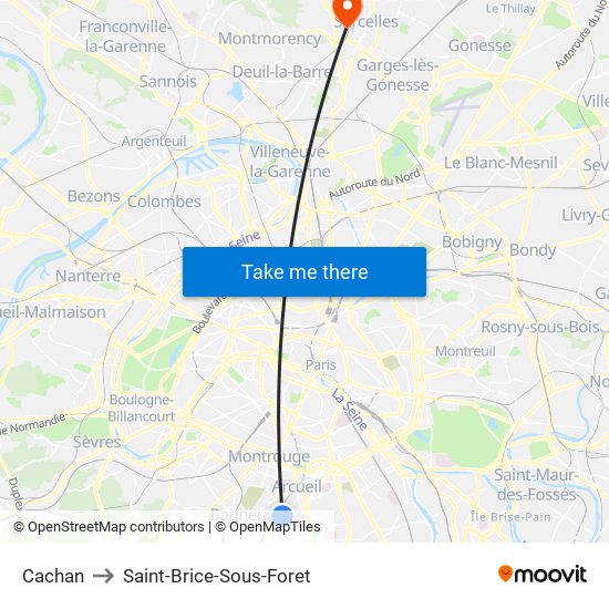 Cachan to Saint-Brice-Sous-Foret map