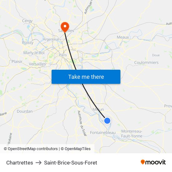 Chartrettes to Saint-Brice-Sous-Foret map
