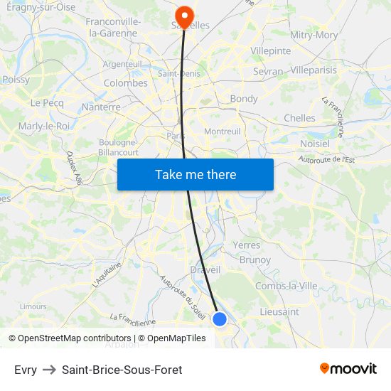 Evry to Saint-Brice-Sous-Foret map