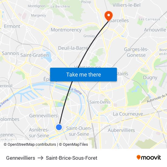 Gennevilliers to Saint-Brice-Sous-Foret map