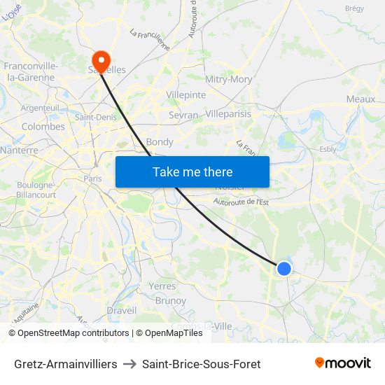 Gretz-Armainvilliers to Saint-Brice-Sous-Foret map