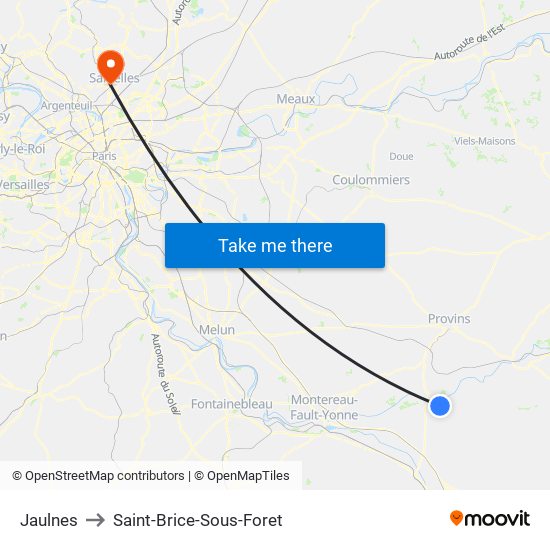 Jaulnes to Saint-Brice-Sous-Foret map