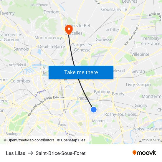 Les Lilas to Saint-Brice-Sous-Foret map
