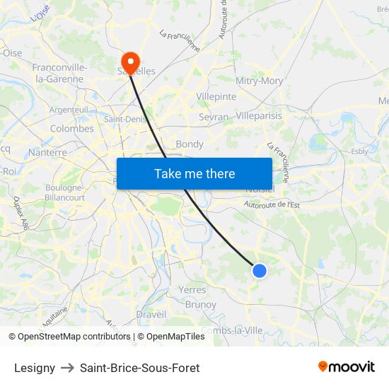 Lesigny to Saint-Brice-Sous-Foret map