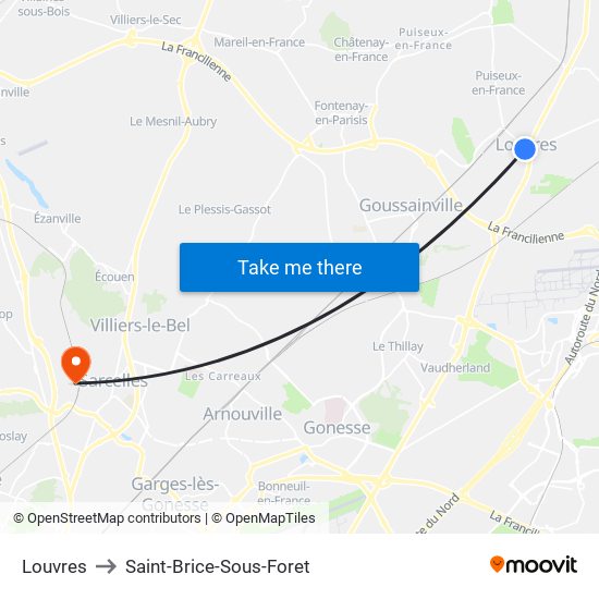 Louvres to Saint-Brice-Sous-Foret map