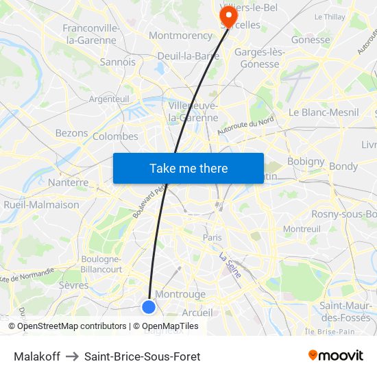 Malakoff to Saint-Brice-Sous-Foret map