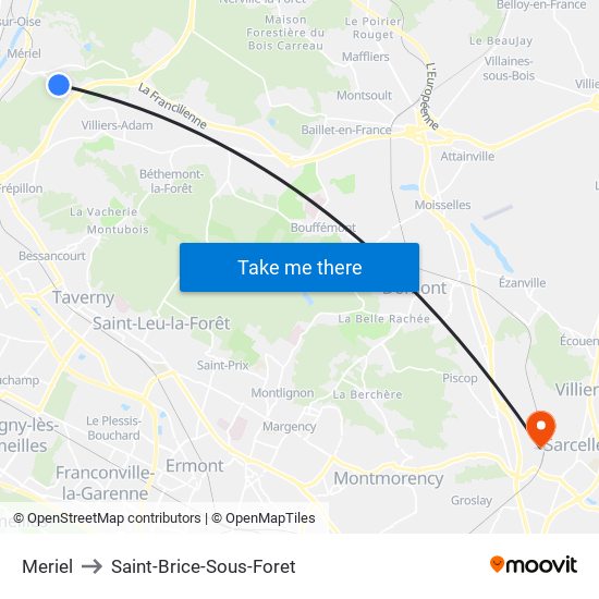 Meriel to Saint-Brice-Sous-Foret map