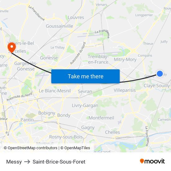 Messy to Saint-Brice-Sous-Foret map