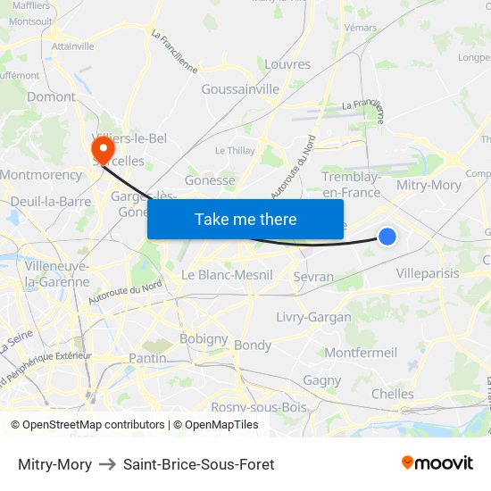 Mitry-Mory to Saint-Brice-Sous-Foret map