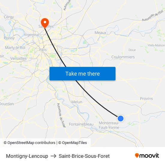 Montigny-Lencoup to Saint-Brice-Sous-Foret map
