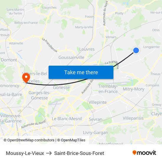 Moussy-Le-Vieux to Saint-Brice-Sous-Foret map
