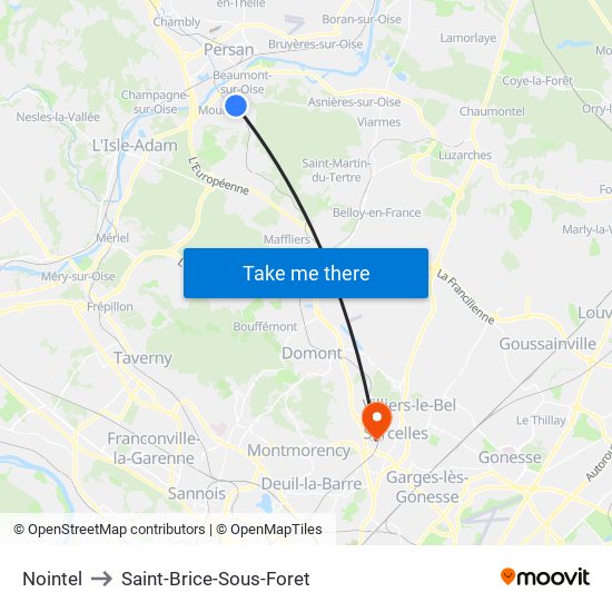 Nointel to Saint-Brice-Sous-Foret map