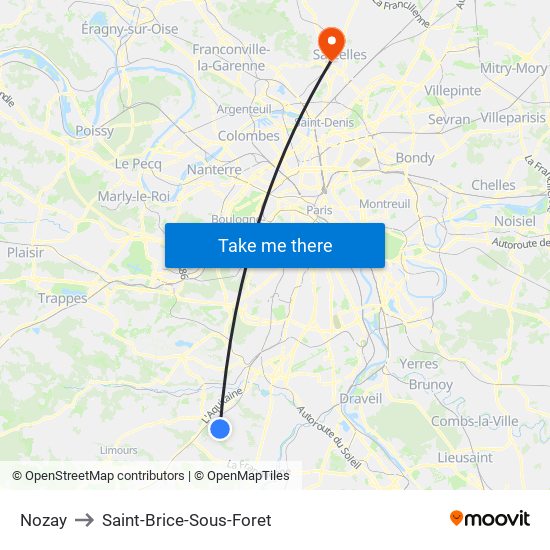 Nozay to Saint-Brice-Sous-Foret map