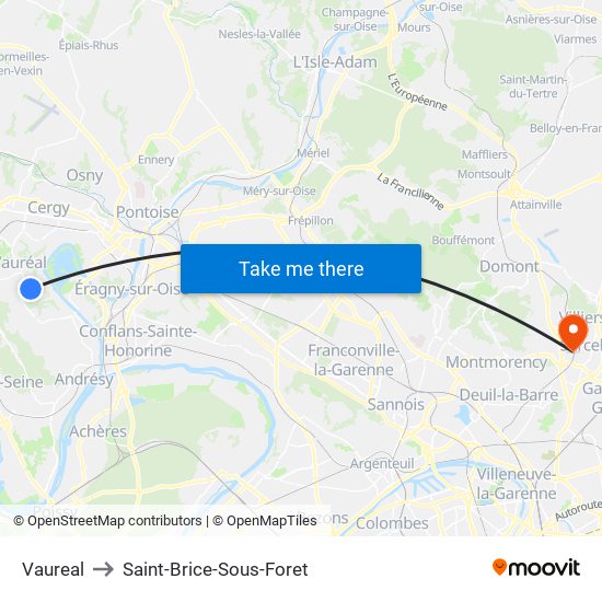 Vaureal to Saint-Brice-Sous-Foret map