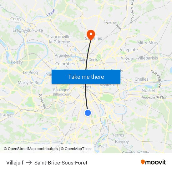 Villejuif to Saint-Brice-Sous-Foret map