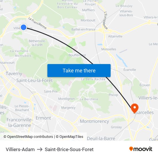 Villiers-Adam to Saint-Brice-Sous-Foret map