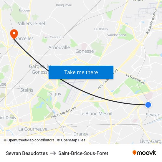 Sevran Beaudottes to Saint-Brice-Sous-Foret map