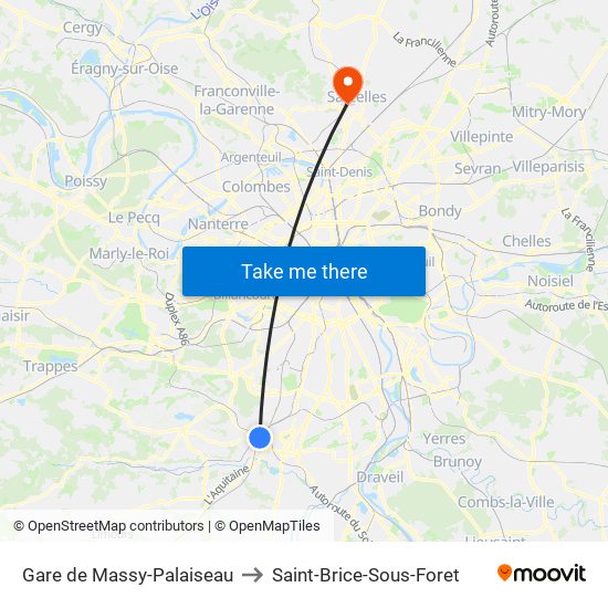 Gare de Massy-Palaiseau to Saint-Brice-Sous-Foret map