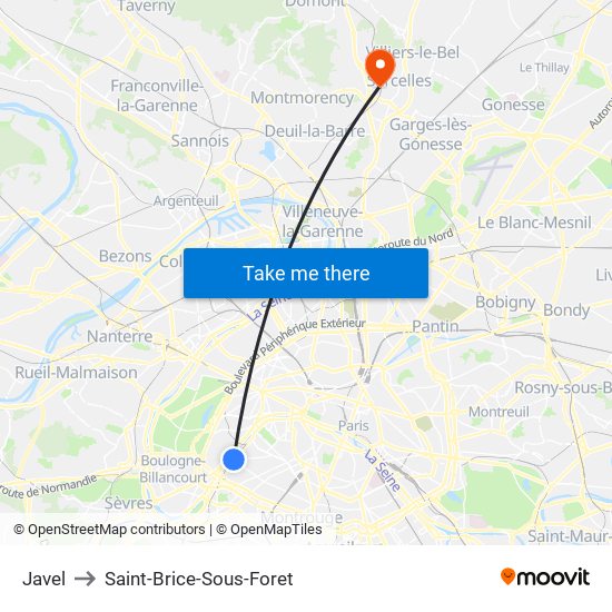 Javel to Saint-Brice-Sous-Foret map