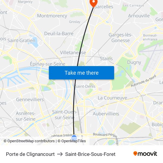 Porte de Clignancourt to Saint-Brice-Sous-Foret map