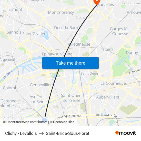 Clichy - Levallois to Saint-Brice-Sous-Foret map