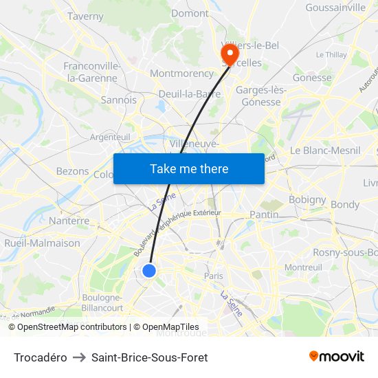 Trocadéro to Saint-Brice-Sous-Foret map