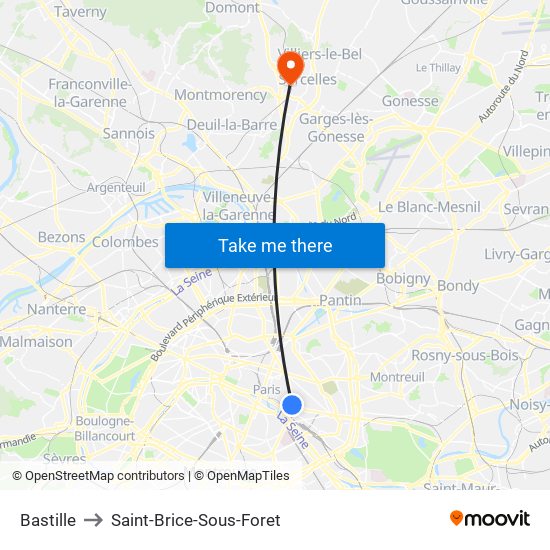 Bastille to Saint-Brice-Sous-Foret map
