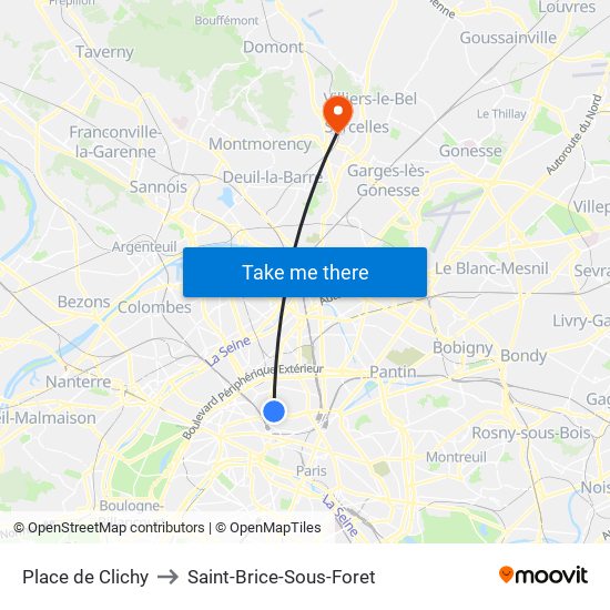 Place de Clichy to Saint-Brice-Sous-Foret map