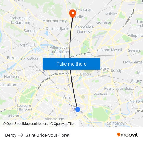 Bercy to Saint-Brice-Sous-Foret map