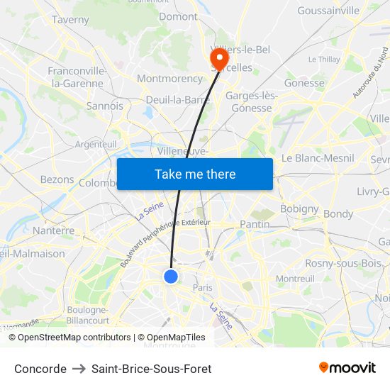 Concorde to Saint-Brice-Sous-Foret map