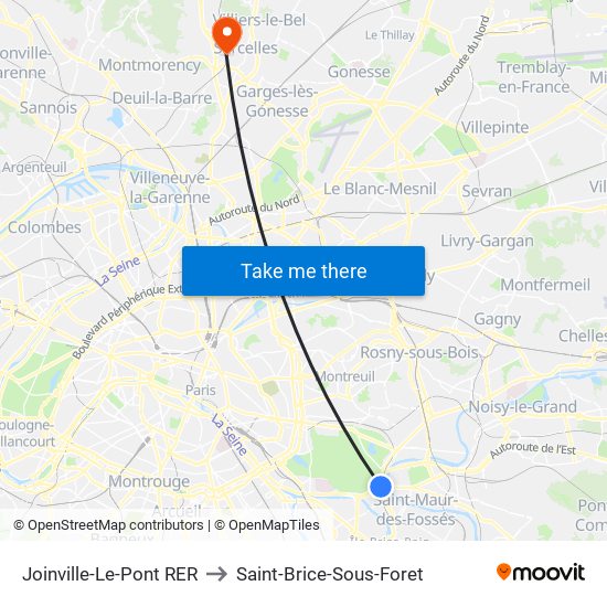 Joinville-Le-Pont RER to Saint-Brice-Sous-Foret map