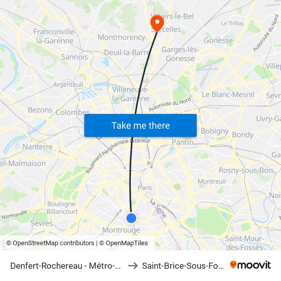 Denfert-Rochereau - Métro-Rer to Saint-Brice-Sous-Foret map