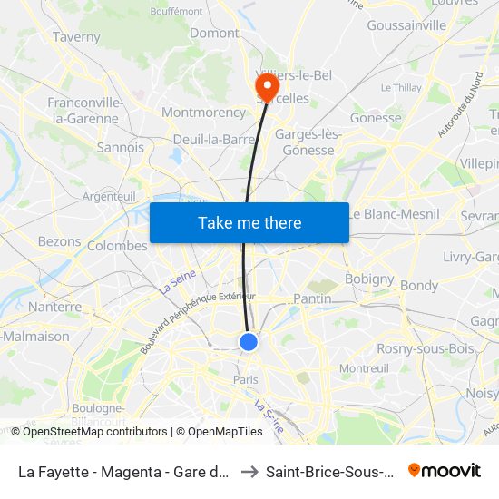 La Fayette - Magenta - Gare du Nord to Saint-Brice-Sous-Foret map
