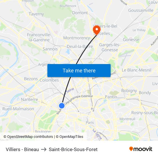 Villiers - Bineau to Saint-Brice-Sous-Foret map