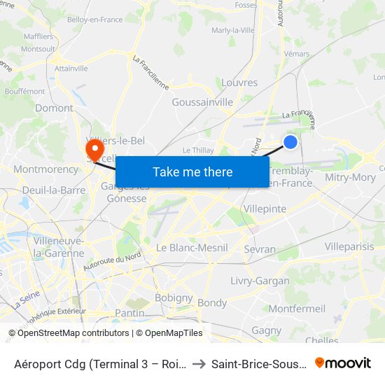 Aéroport Cdg (Terminal 3 – Roissypôle) to Saint-Brice-Sous-Foret map