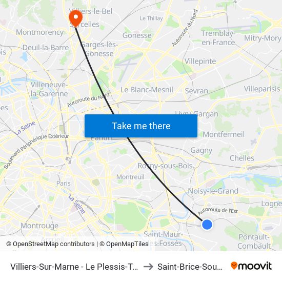 Villiers-Sur-Marne - Le Plessis-Trévise RER to Saint-Brice-Sous-Foret map