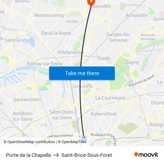 Porte de la Chapelle to Saint-Brice-Sous-Foret map