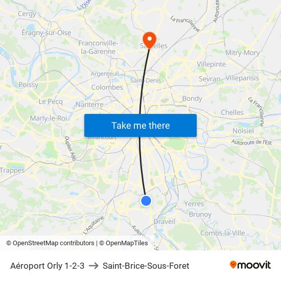 Aéroport Orly 1-2-3 to Saint-Brice-Sous-Foret map