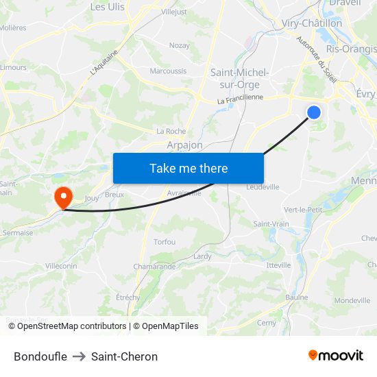 Bondoufle to Saint-Cheron map