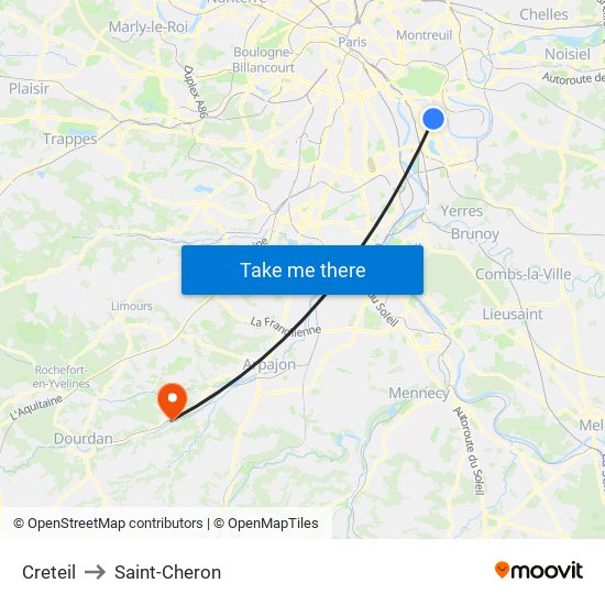 Creteil to Saint-Cheron map