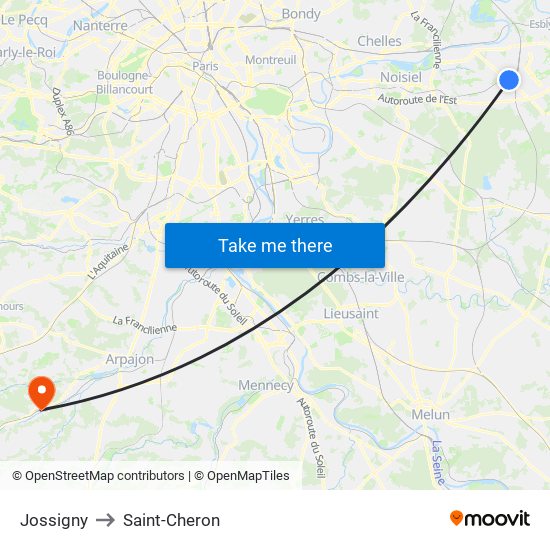 Jossigny to Saint-Cheron map
