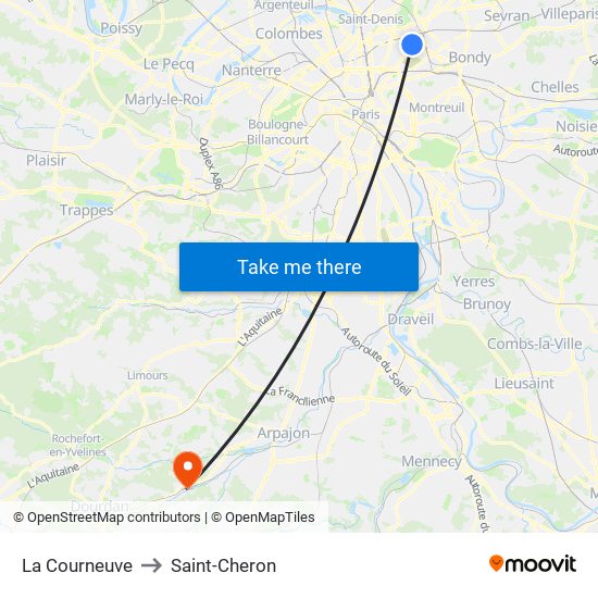 La Courneuve to Saint-Cheron map